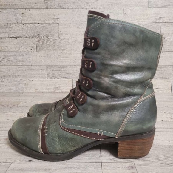 Women's Anesha Amber Green Leather Lace Up Moto Biker Combat Boots Size 41 / 10 - Picture 1 of 10